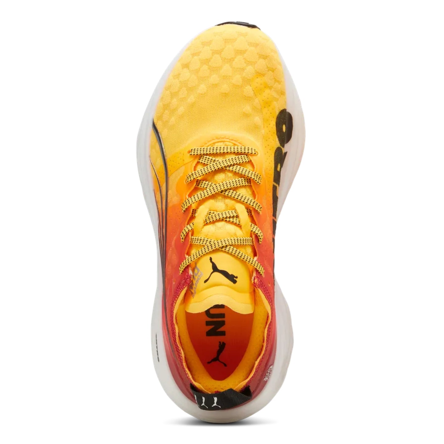 Yellow and orange running shoes with Puma logo on a white background