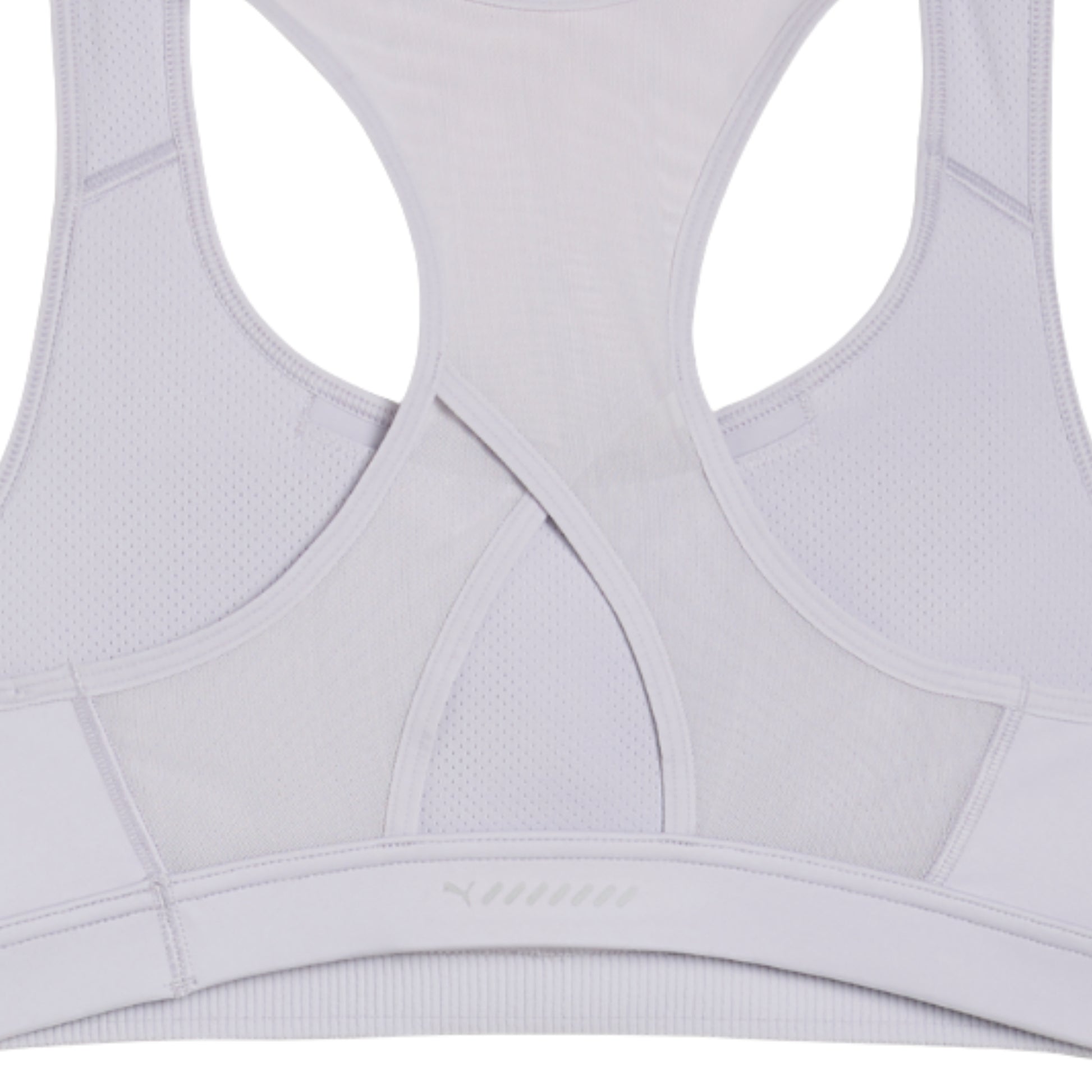 Close-up of a light gray sports bra with mesh panels on a white background