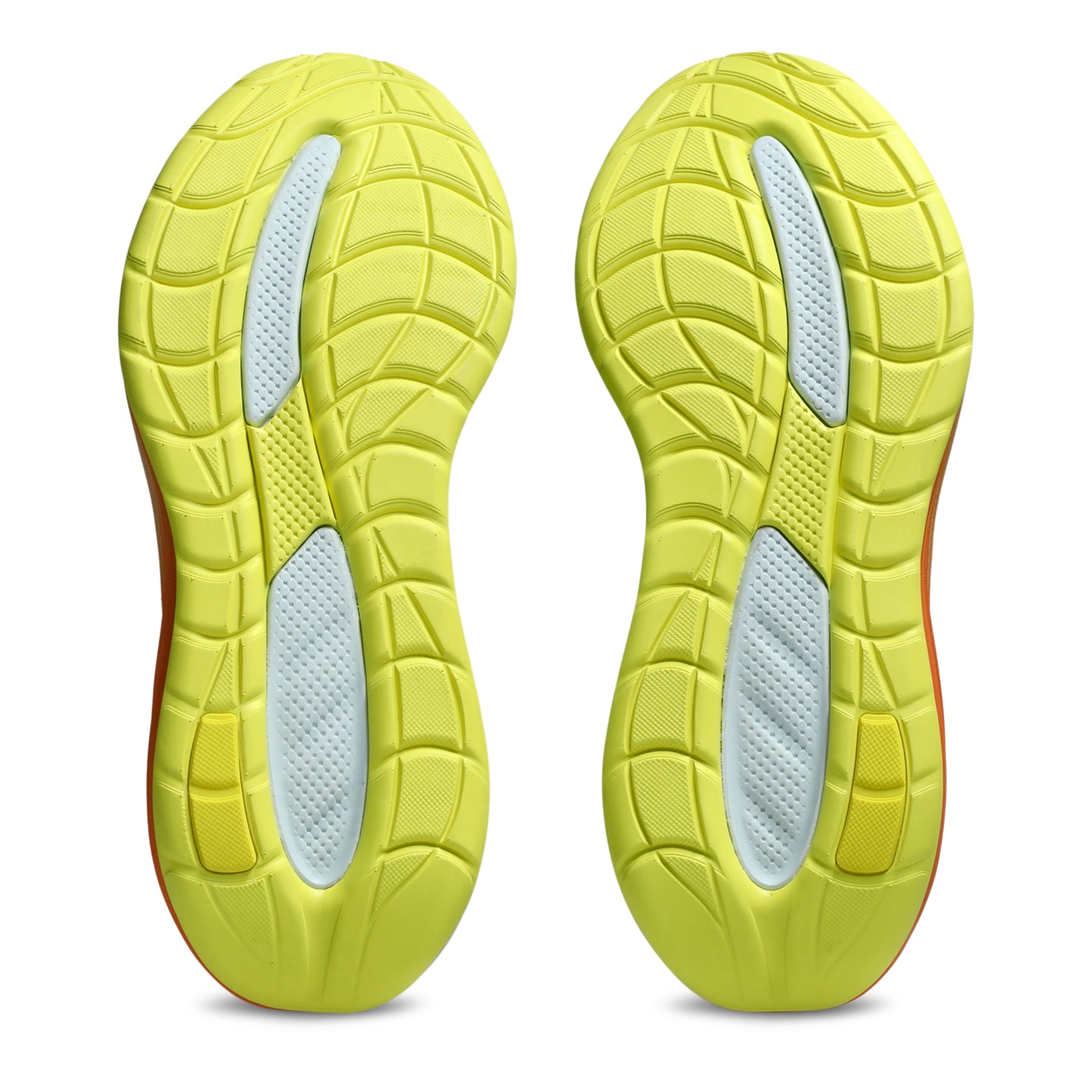 Bottom view of a Asics running shoe with tread pattern on a white background