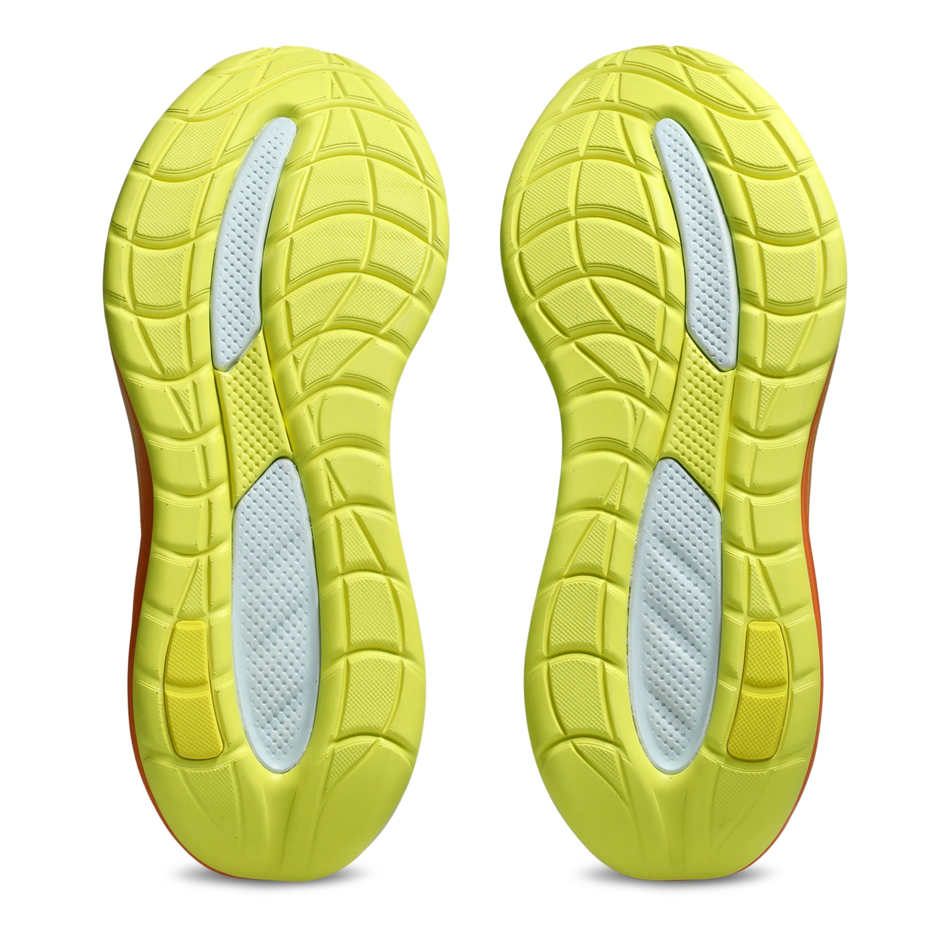 Bottom view of a Asics running shoe with tread pattern on a white background