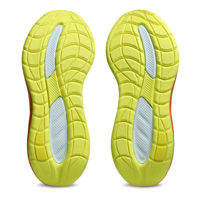 Bottom view of a Asics running shoe with tread pattern on a white background