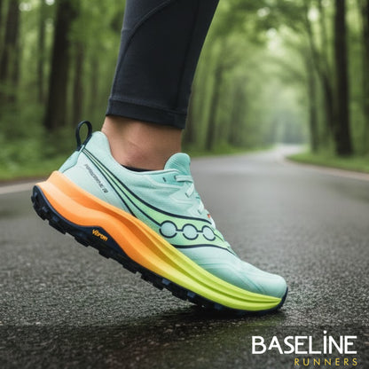 Colorful running shoe on a road with a forest background, featuring the 'Baseline Runners' brand.