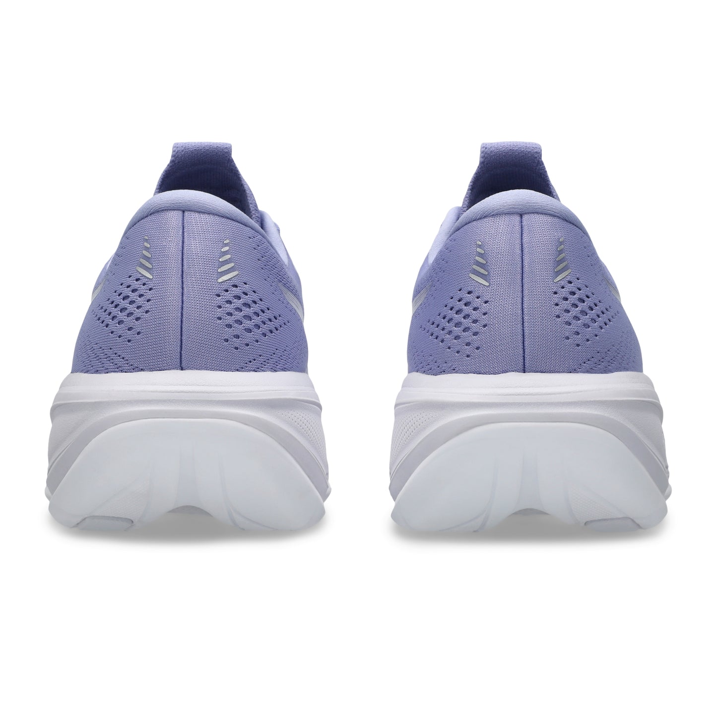 Back view pair of purple Asics running shoes with white soles on a white background