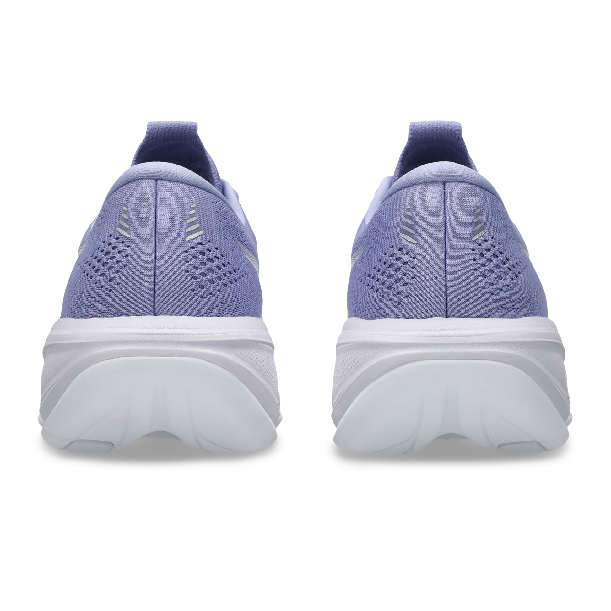 Back view pair of purple Asics running shoes with white soles on a white background