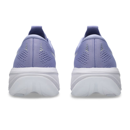 Back view pair of purple Asics running shoes with white soles on a white background