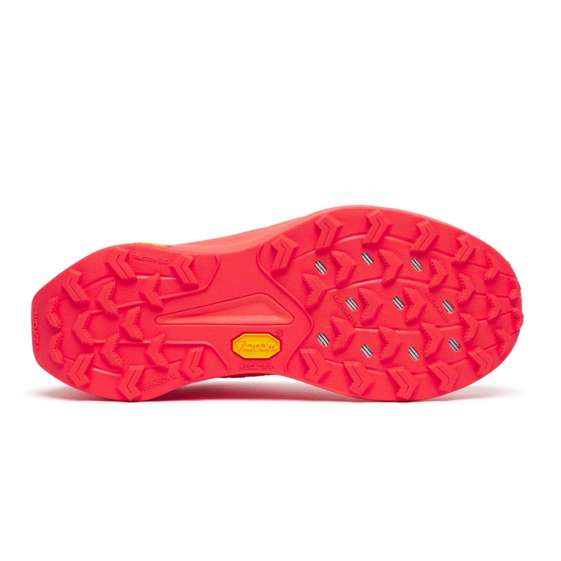 Red shoe sole with a textured pattern on a white background