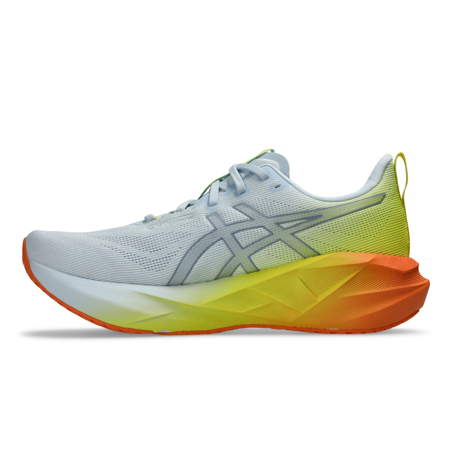 White and yellow Asics running shoe with orange accents on a white background
