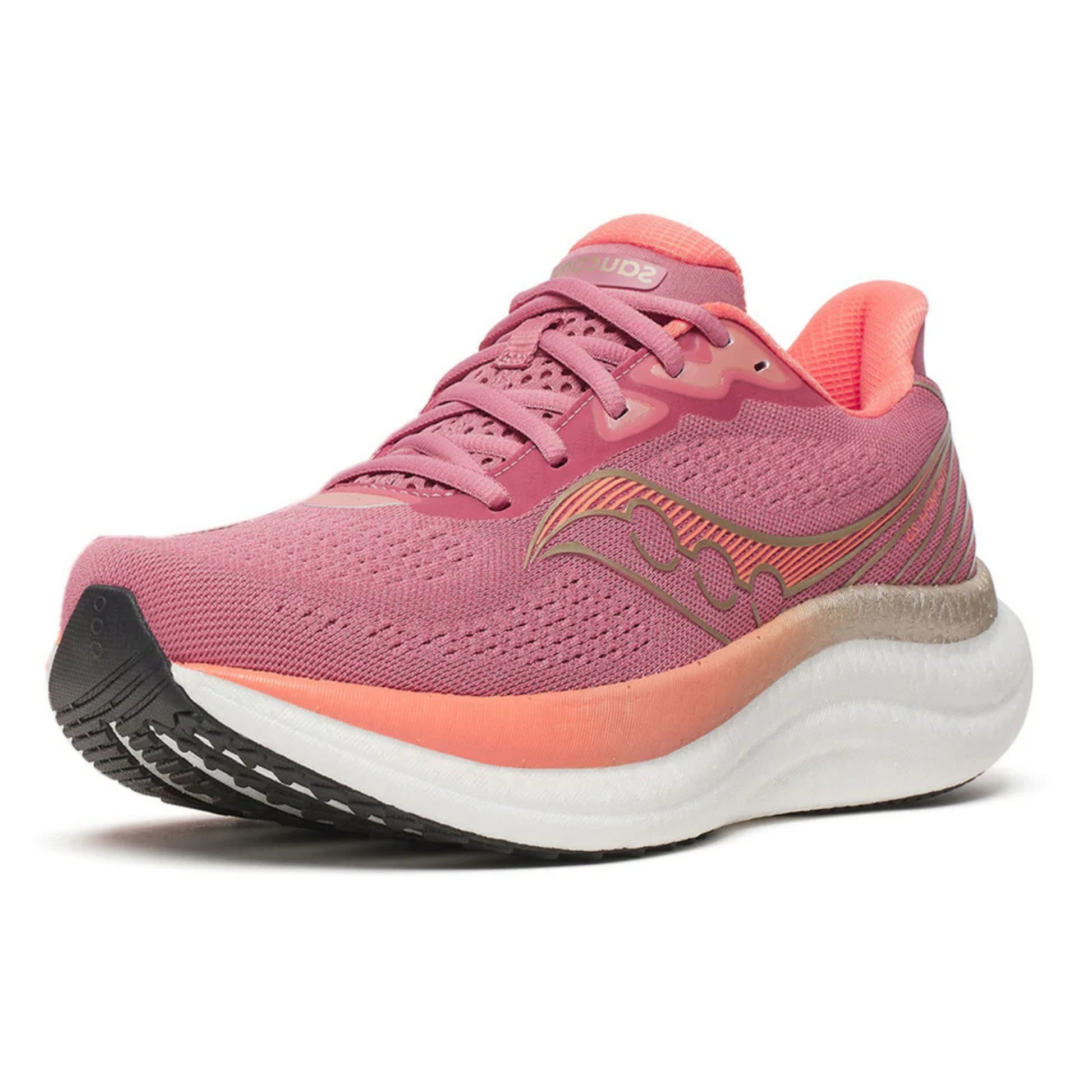 Pink Saucony running shoe with a white sole on a white background