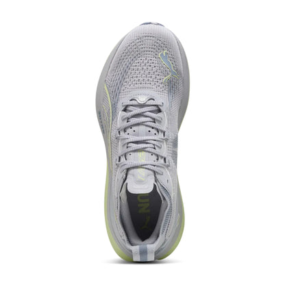 Gray Puma running shoe with yellow accents on a white background