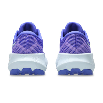 Purple Asics running shoes with white soles on a white background