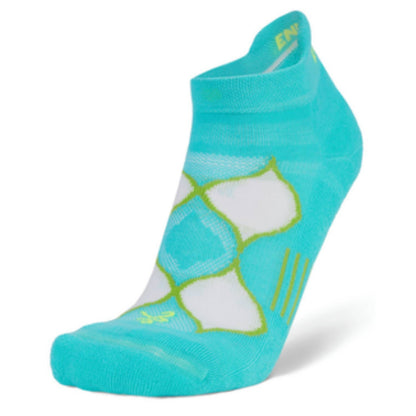 Turquoise ankle sock with white and green design on a white background