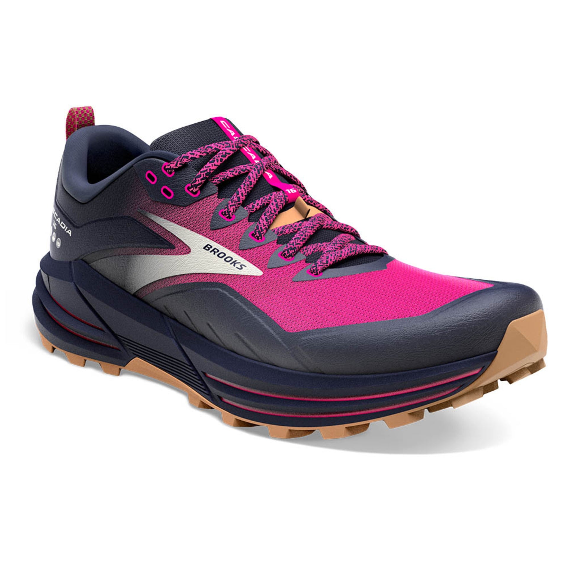 Pink and navy running shoe with 'Brooks' branding on a white background