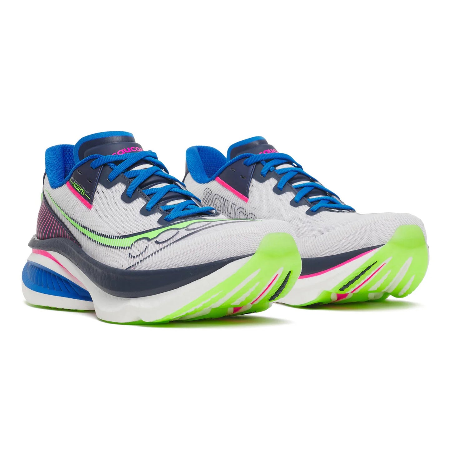 Pair of Saucony running shoes with blue, green, and white design on a white background