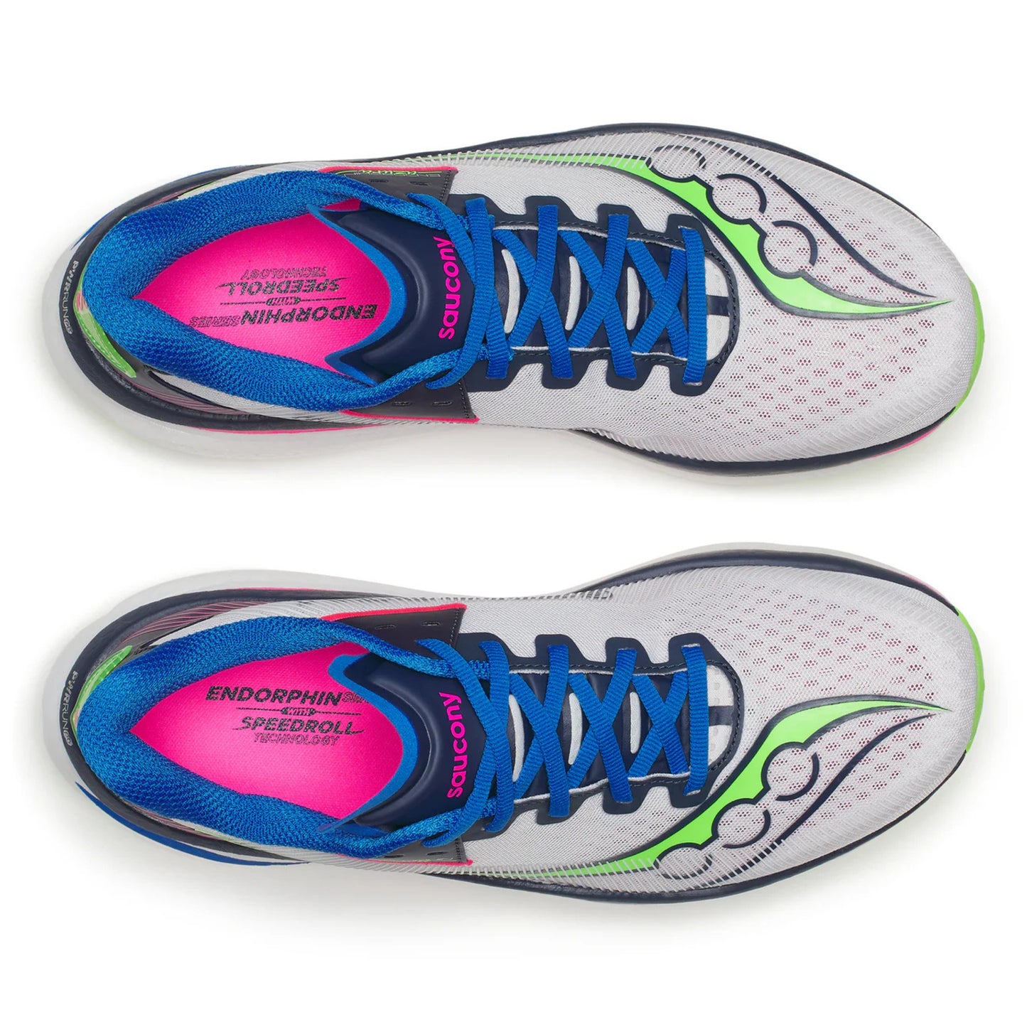 Pair of Saucony running shoes with colorful design on a white background