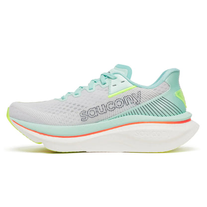 Saucony running shoe with Turquise and white design on a white background