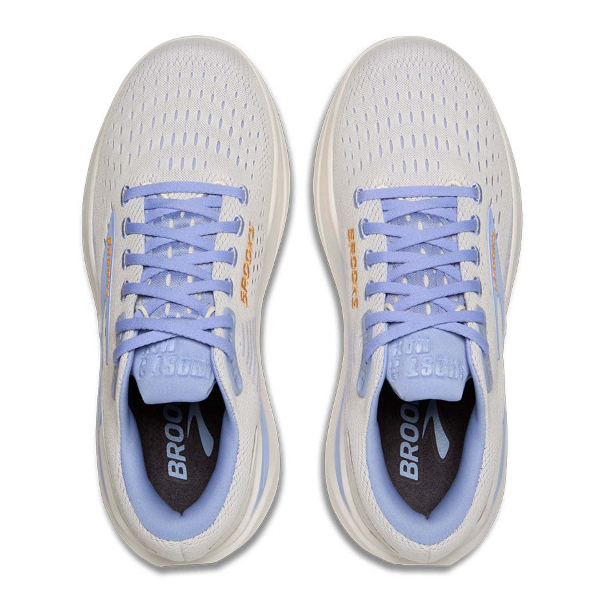 White running shoes with light blue laces on a white background