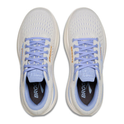 White running shoes with light blue laces on a white background
