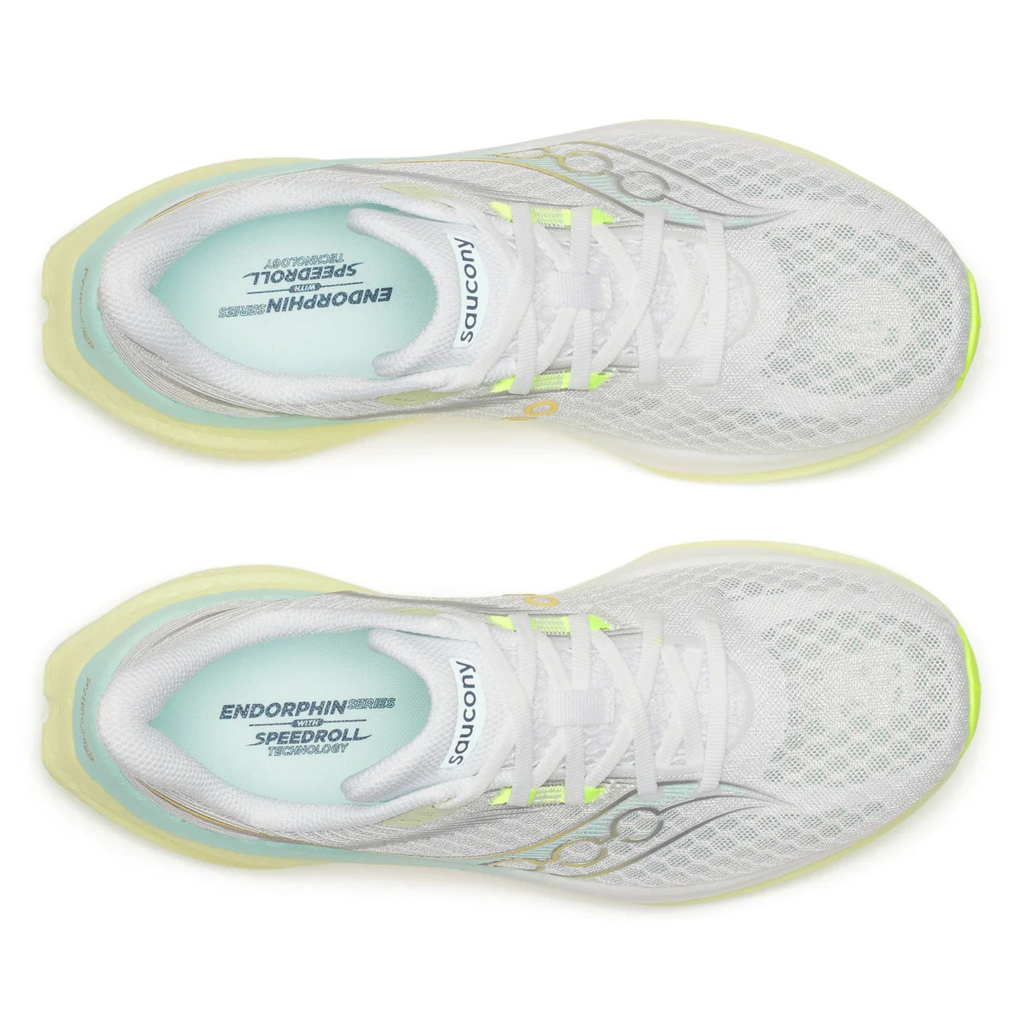 White Saucony running shoes with green accents on a white background