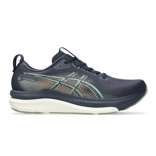 Navy blue Asics running shoe with green and gold accents on a white background