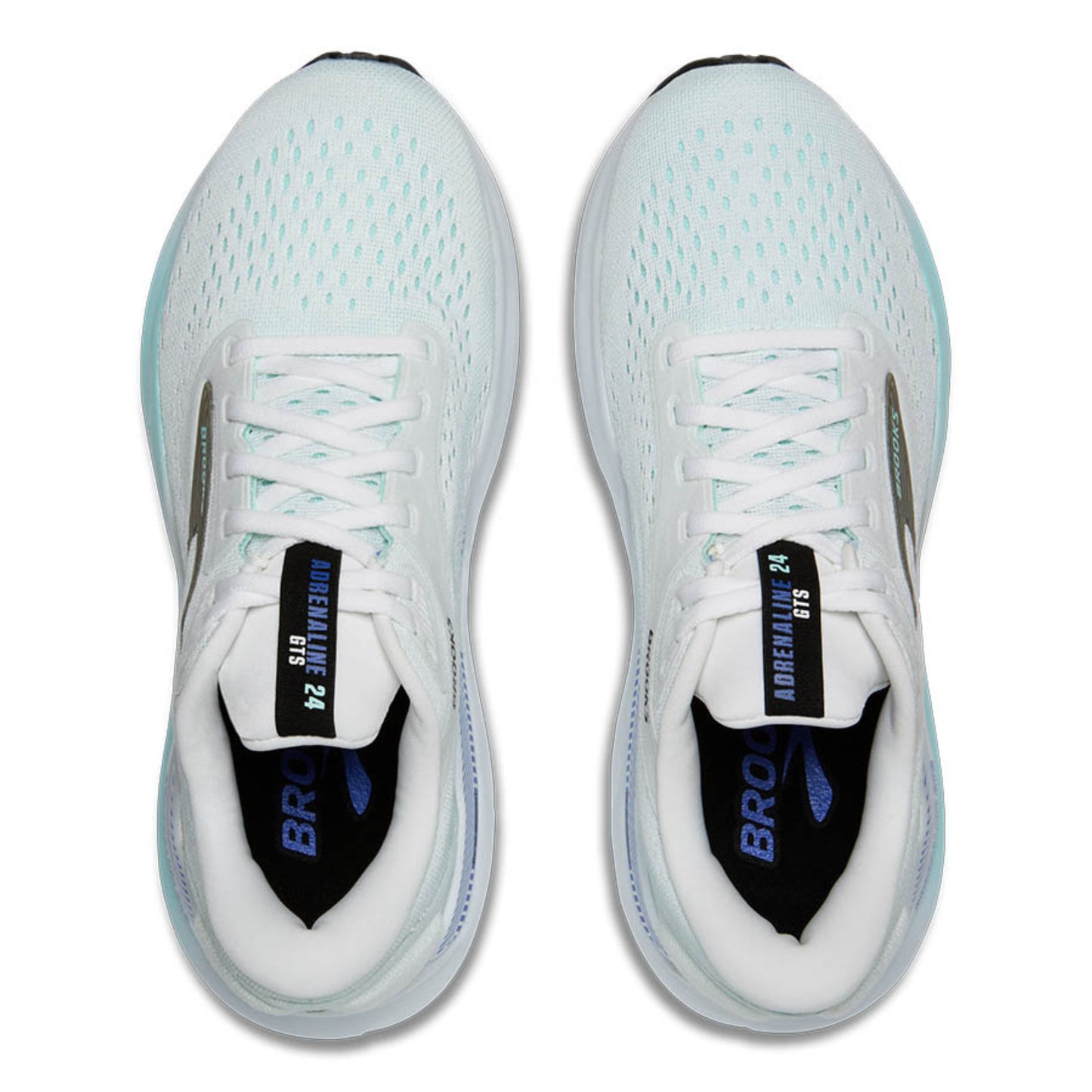 Pair of white with green and blue accents running shoes with blue accents on a white background