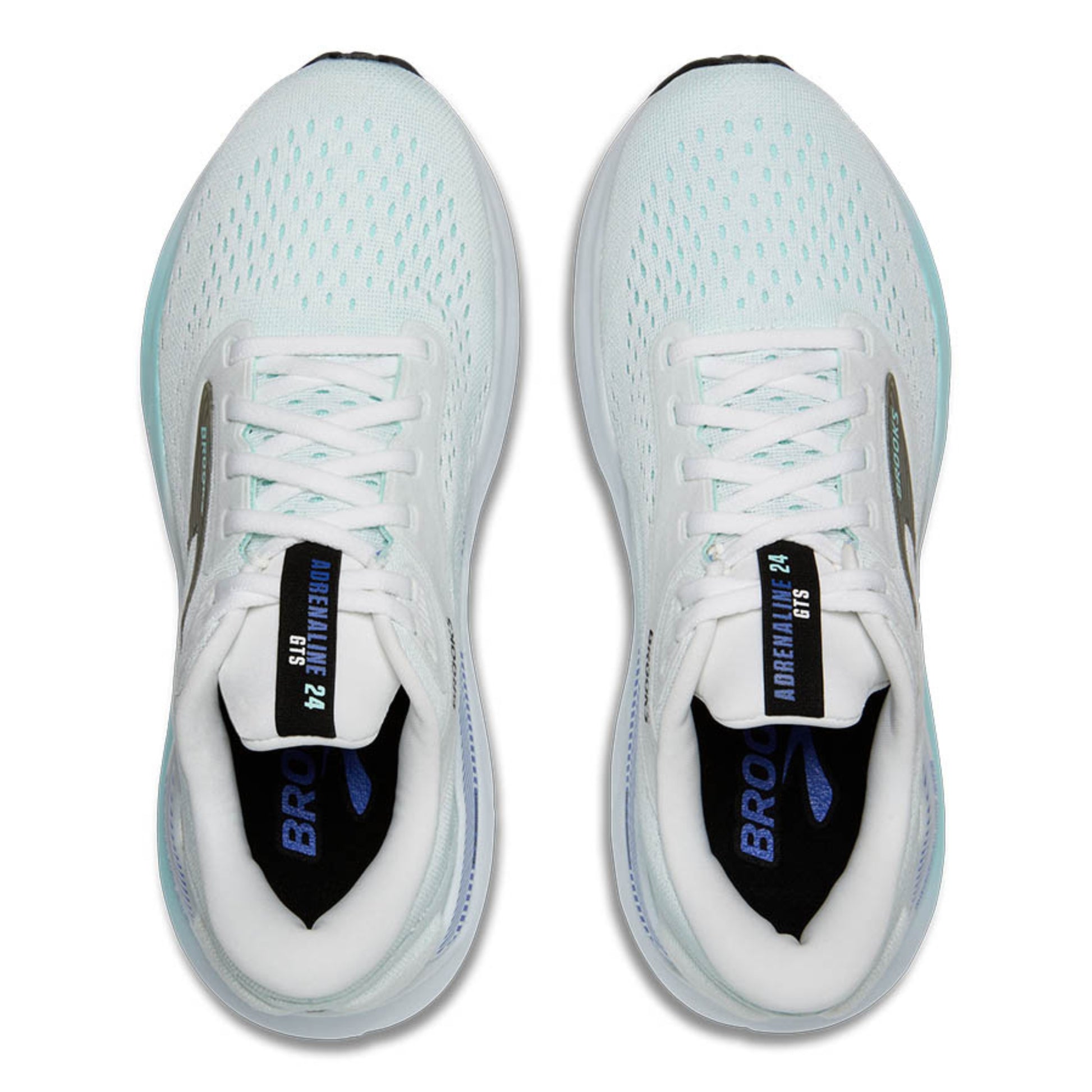 Pair of white with green and blue accents running shoes with blue accents on a white background
