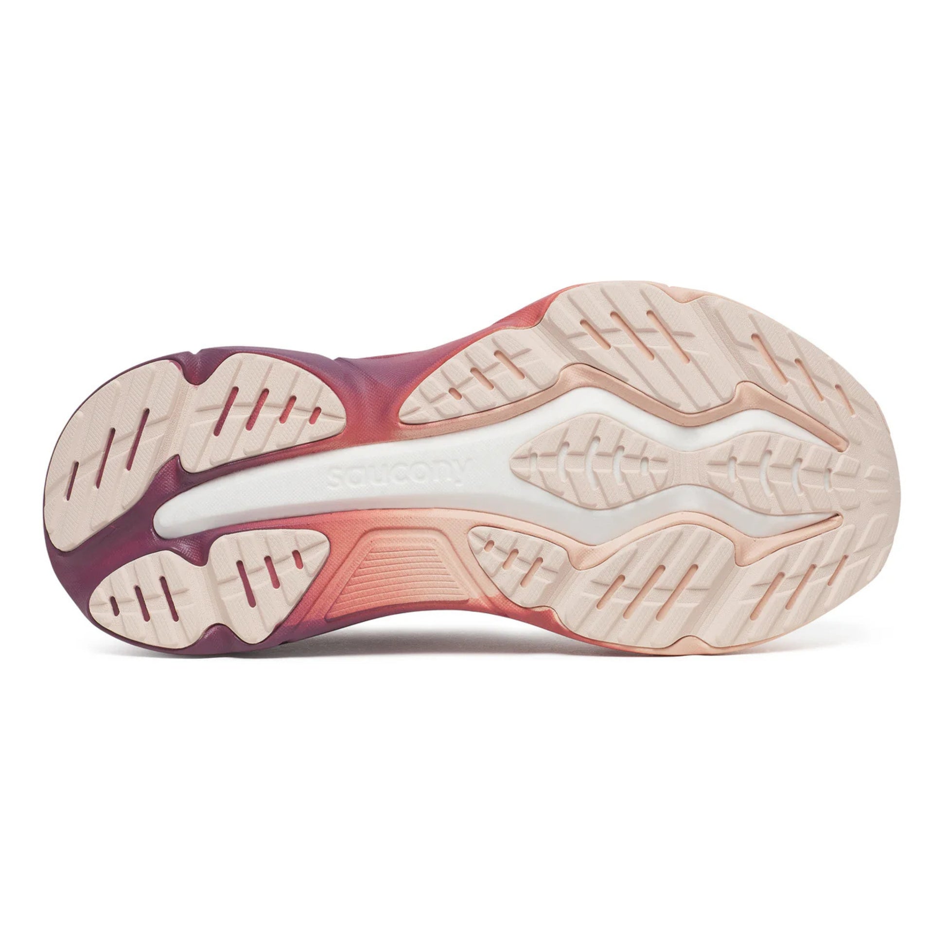 Close-up of a shoe sole with a white and pink design on a white background