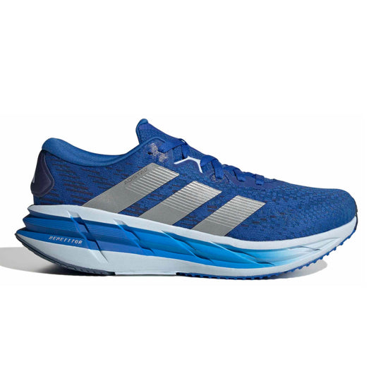 Blue adidas running shoe with white sole on a white background
