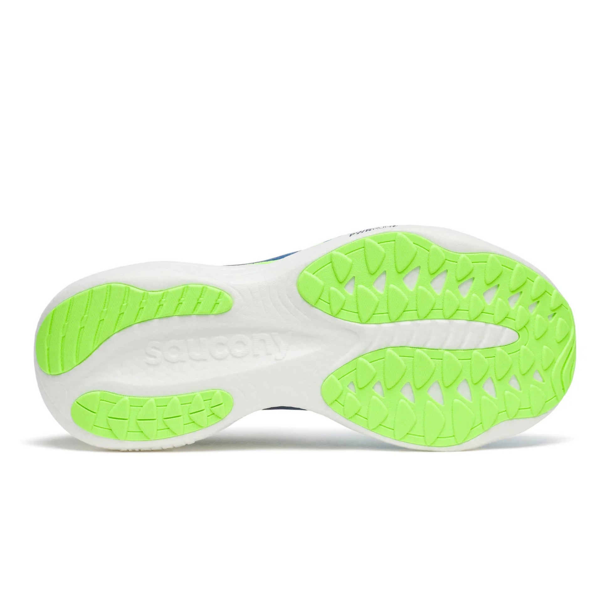 Close-up of a Saucony running shoe sole with green and white design on a white background