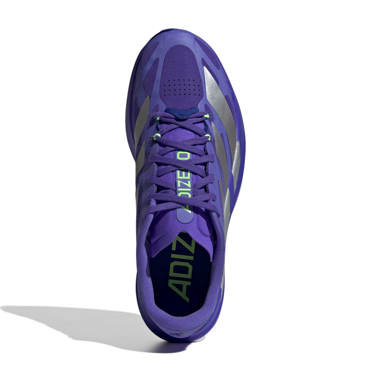 A single Adidas Adizero running shoe in purple with silver side stripes and green branding details, shown from a top-down view on a white background.