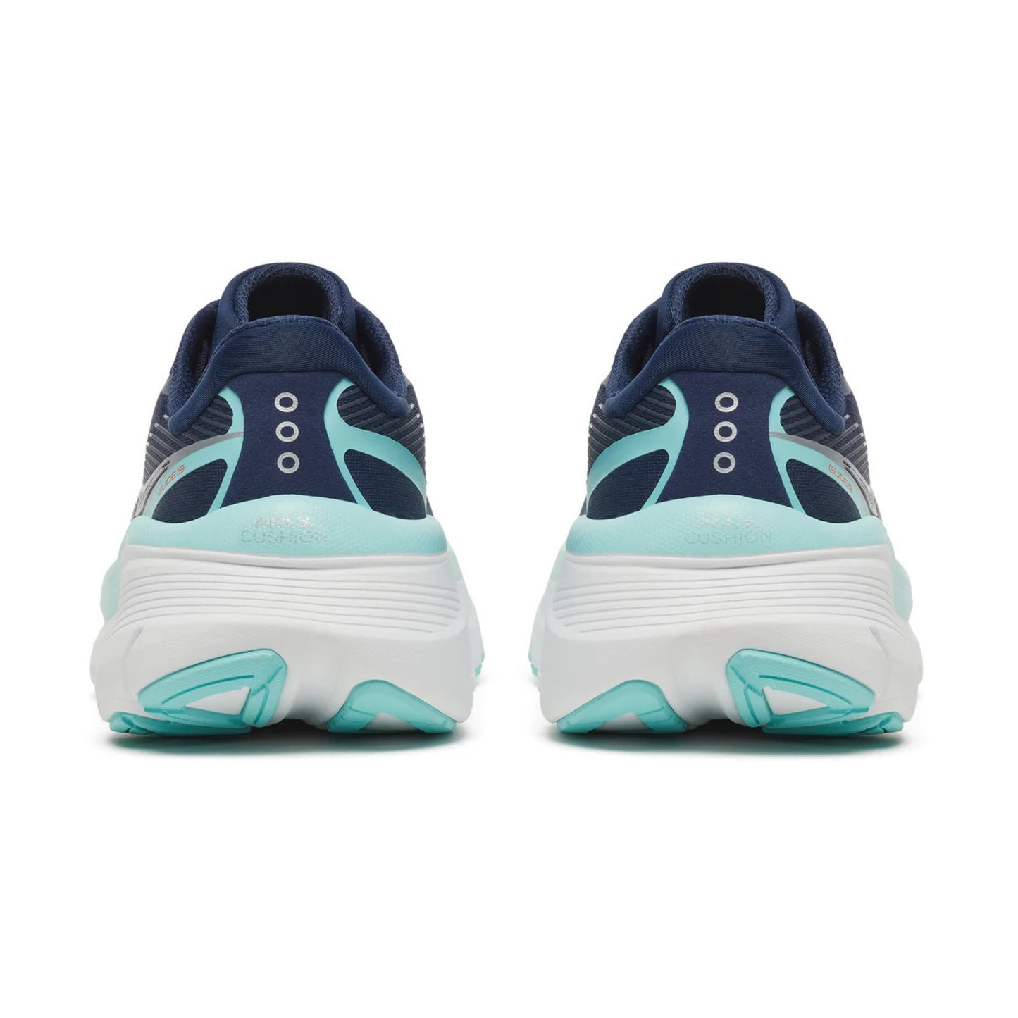 Back view of navy and light blue Saucony running shoes on a white background