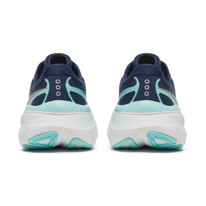 Back view of navy and light blue Saucony running shoes on a white background