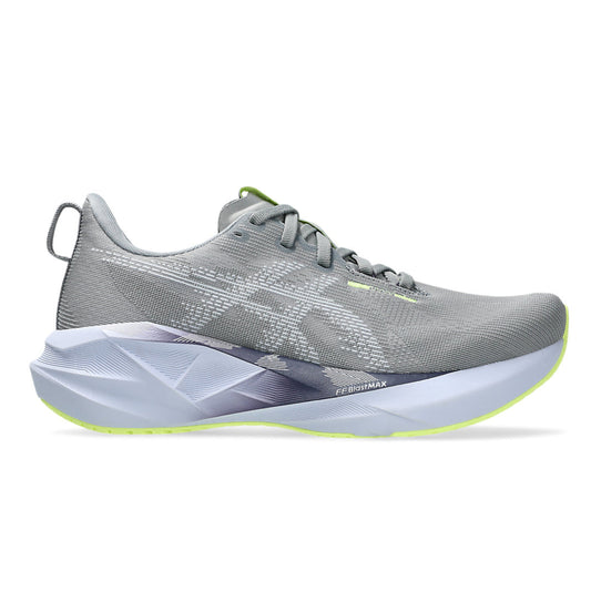 Gray running shoe with a white sole on a white background