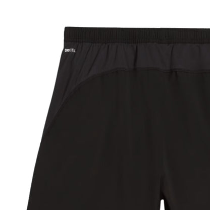 Black Puma shorts with a Drycell label on a white background