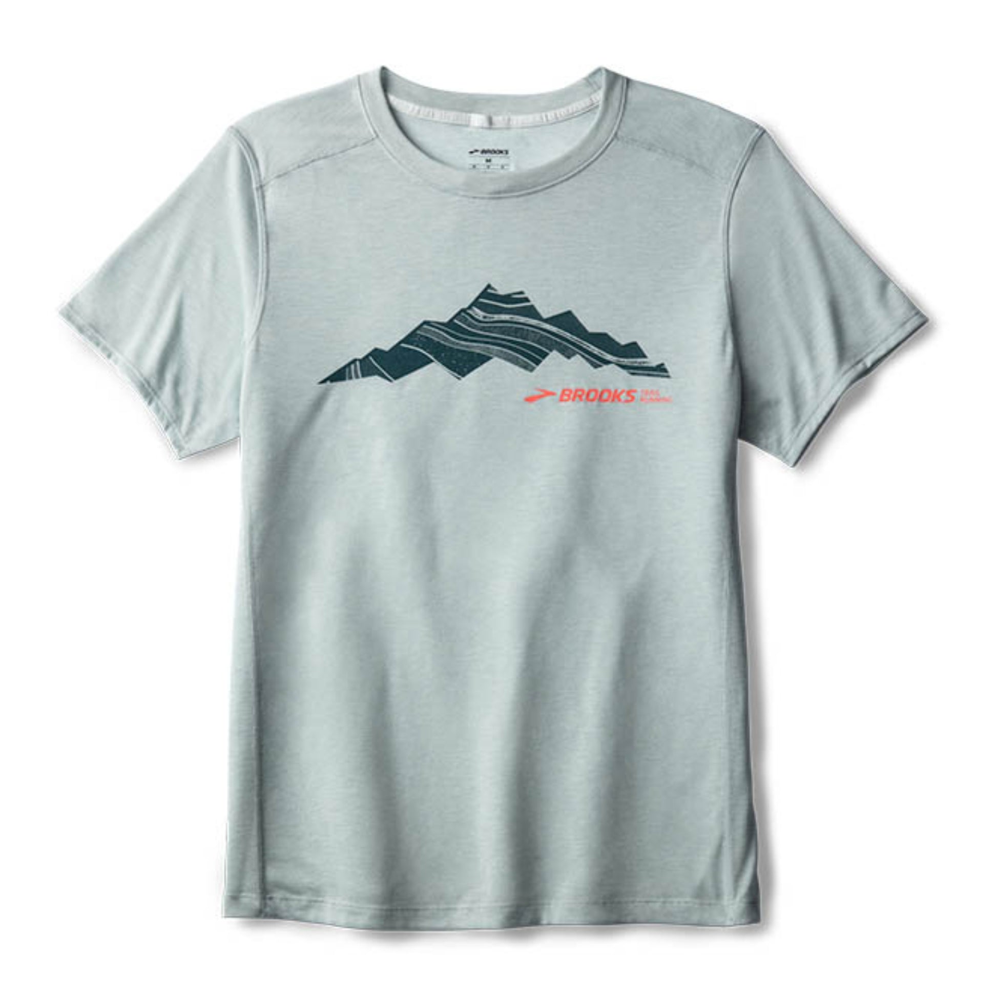 Gray t-shirt with mountain design and Brooks logo on a white background