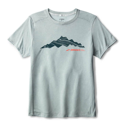 Gray t-shirt with mountain design and Brooks logo on a white background