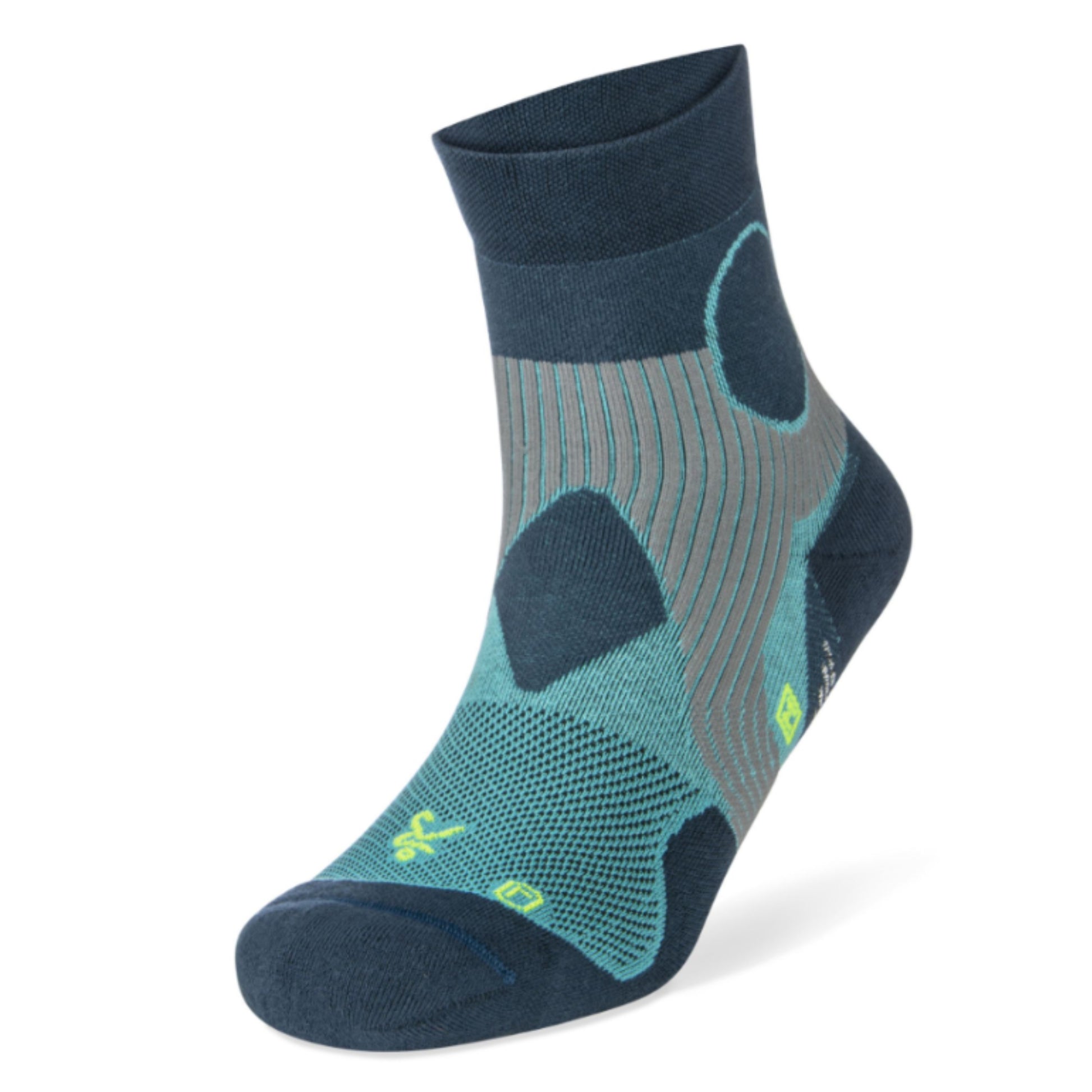 Navy and teal sock with a brand logo on a white background