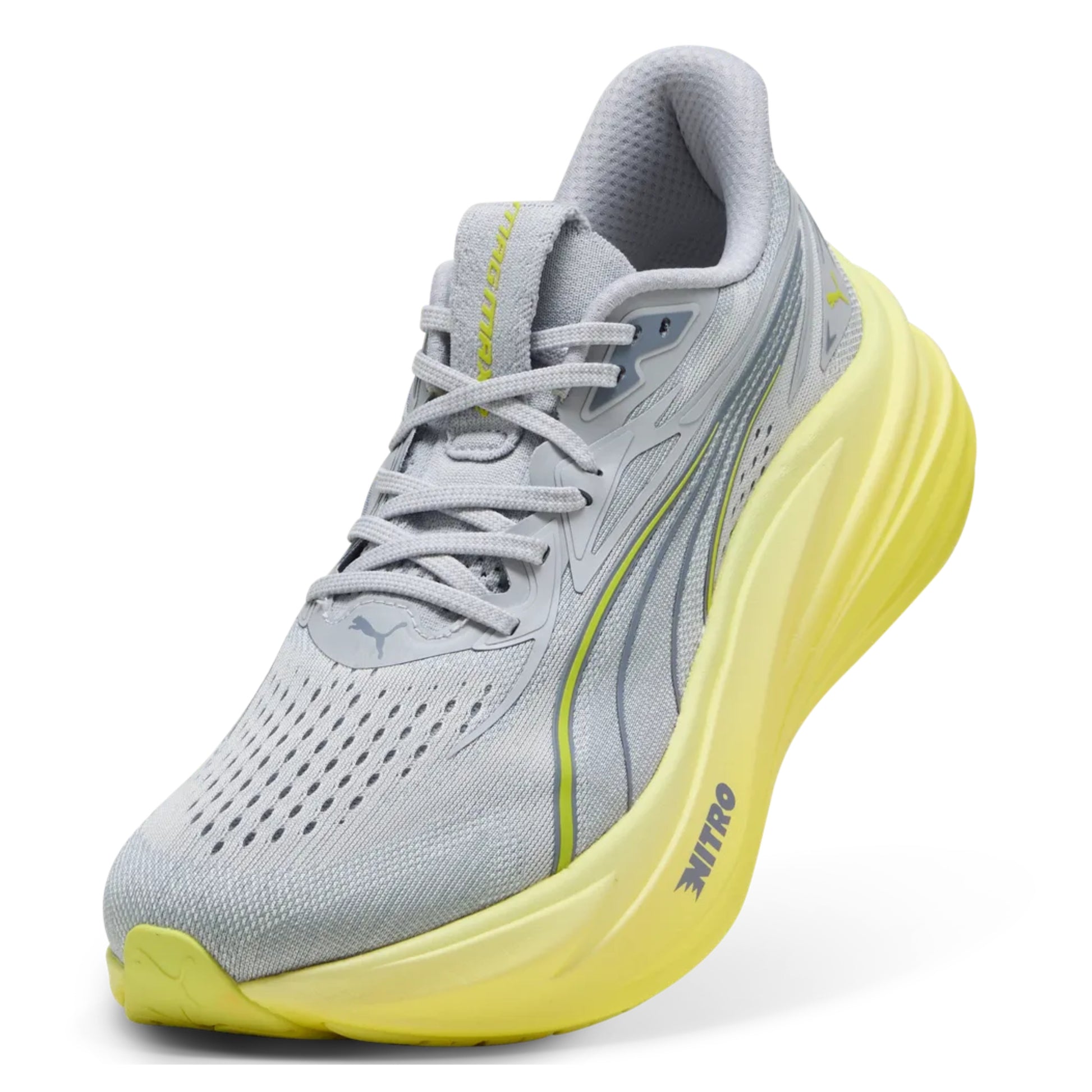 Gray Puma running shoe with yellow sole on a white background