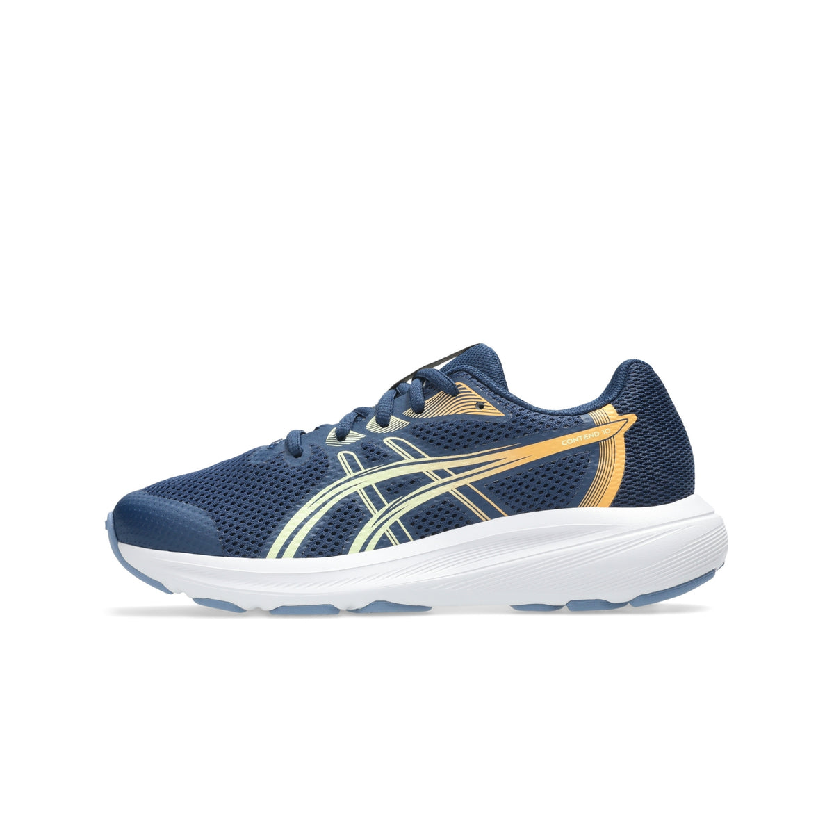 A single ASICS running shoe in navy blue with a white midsole and gold accents, shown in a side profile on a white background.