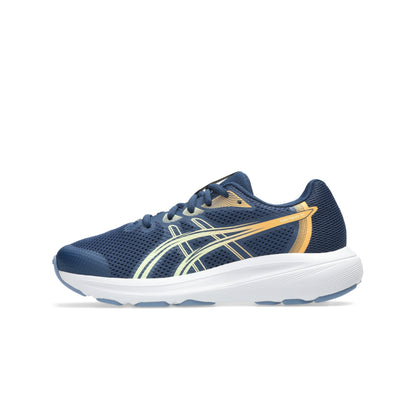 A single ASICS running shoe in navy blue with a white midsole and gold accents, shown in a side profile on a white background.