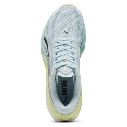 Light blue running shoe with 'RUN' text on a white background