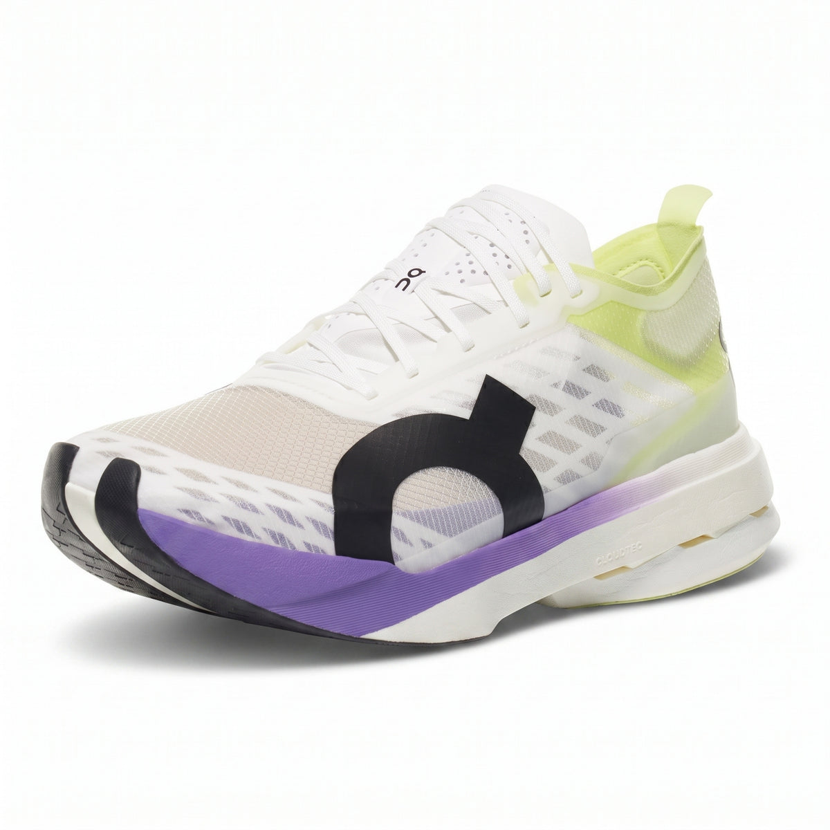 A white On running shoe with a light beige mesh upper, a black side logo, a purple midsole accent, and a neon yellow-green collar, shown on a white background.
