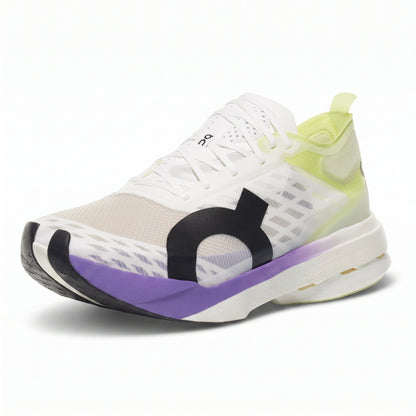 A white On running shoe with a light beige mesh upper, a black side logo, a purple midsole accent, and a neon yellow-green collar, shown on a white background.