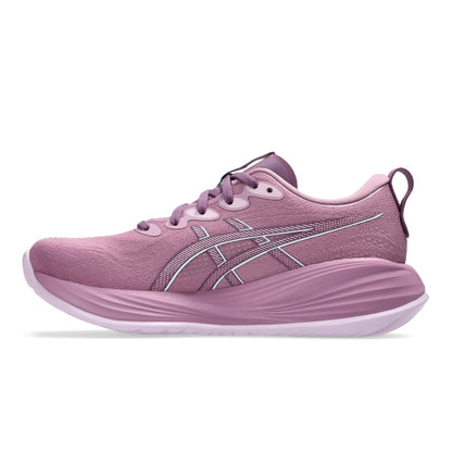 Pink Asics running shoe on a white background