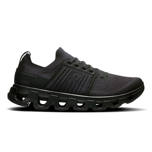 Black On running shoe with brand logo on a white background