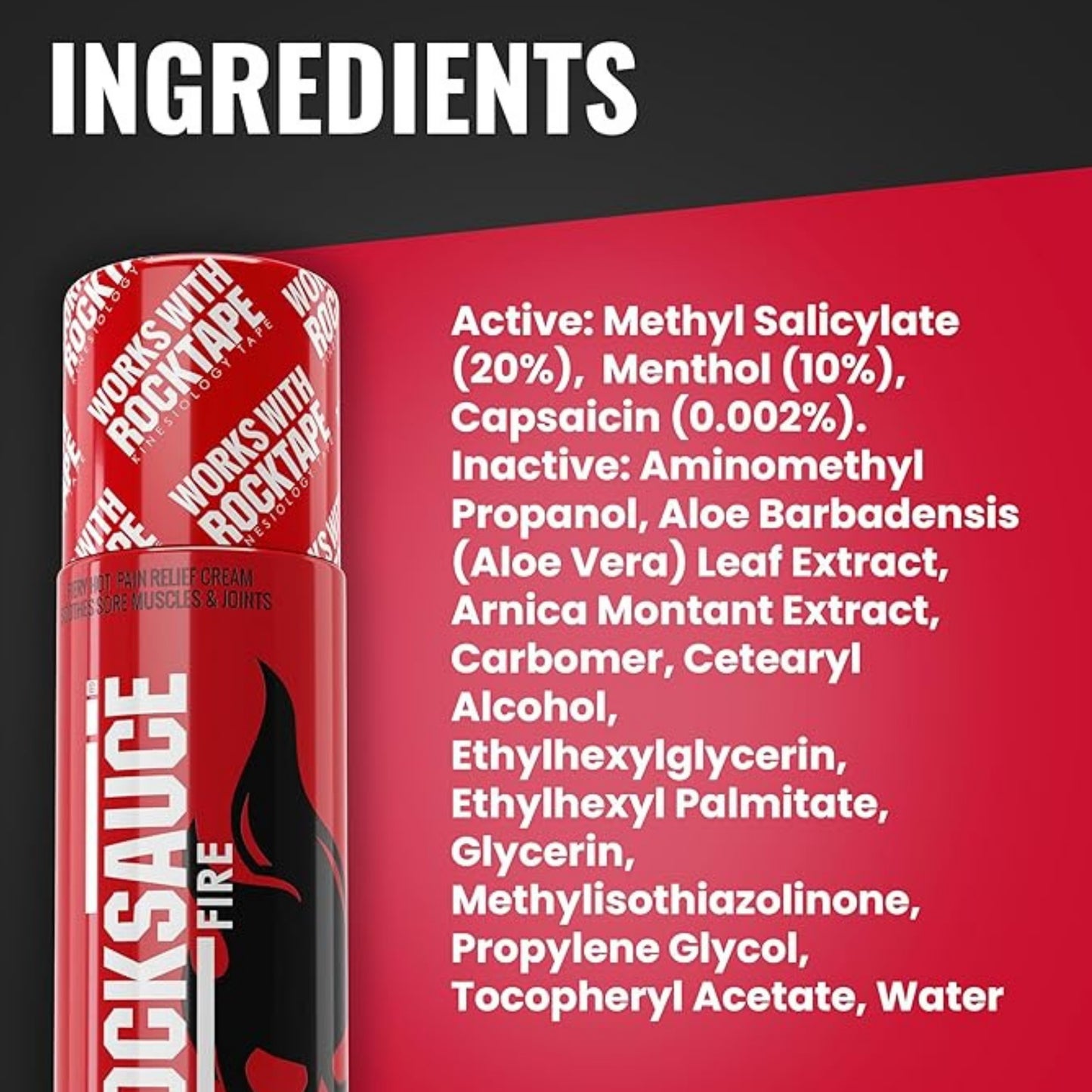 Red container of RockSauce Fire with ingredient list on a red background