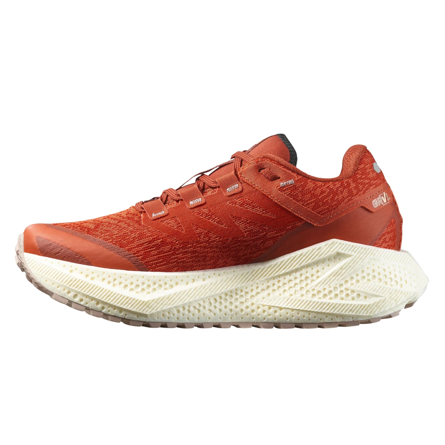 Red Salomon running shoe with white sole on a white background