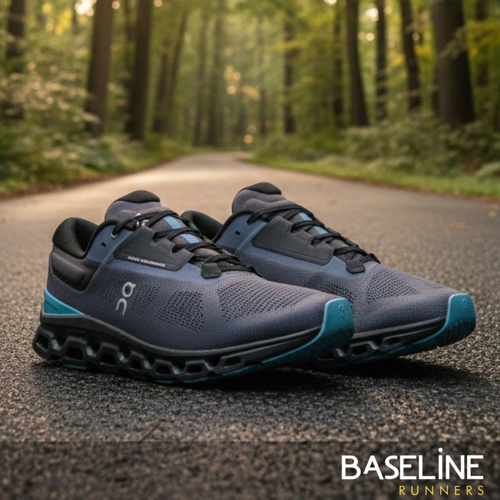Blue running shoes on a forest path with 'Baseline Runners' branding.