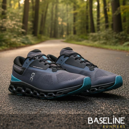Blue running shoes on a forest path with 'Baseline Runners' branding.