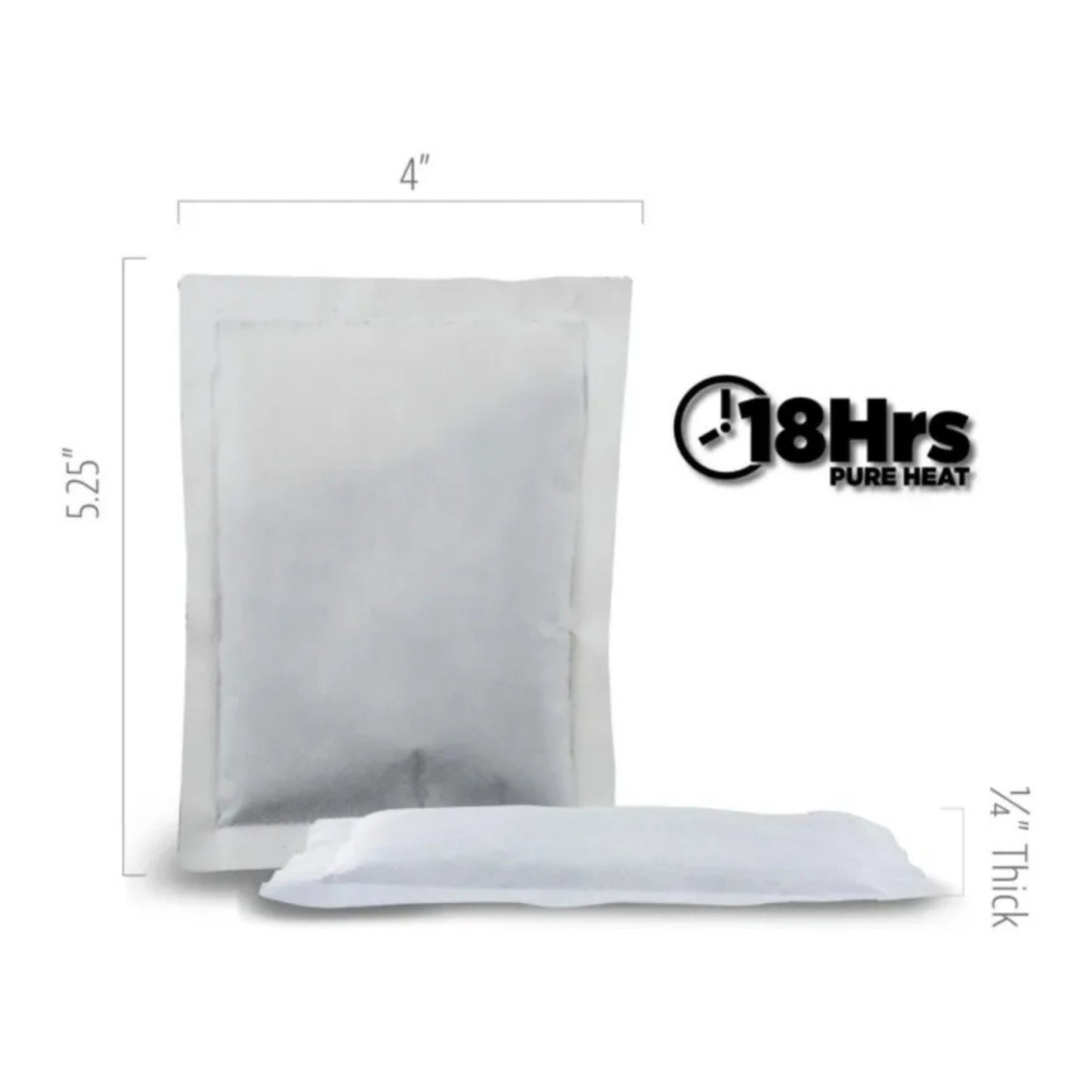 White pad with dimensions and '18Hrs Pure Heat' branding on a white background
