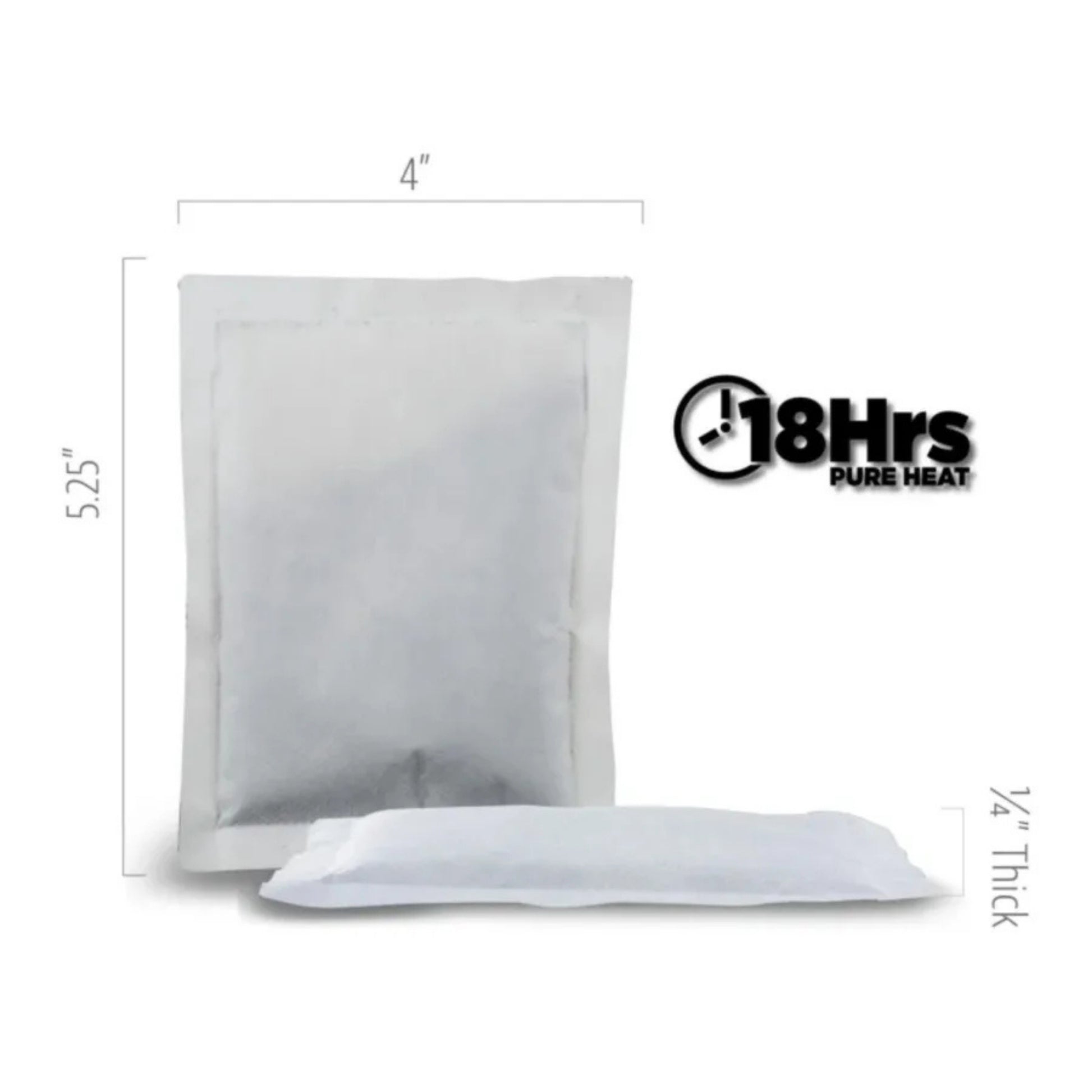 White pad with dimensions and '18Hrs Pure Heat' branding on a white background